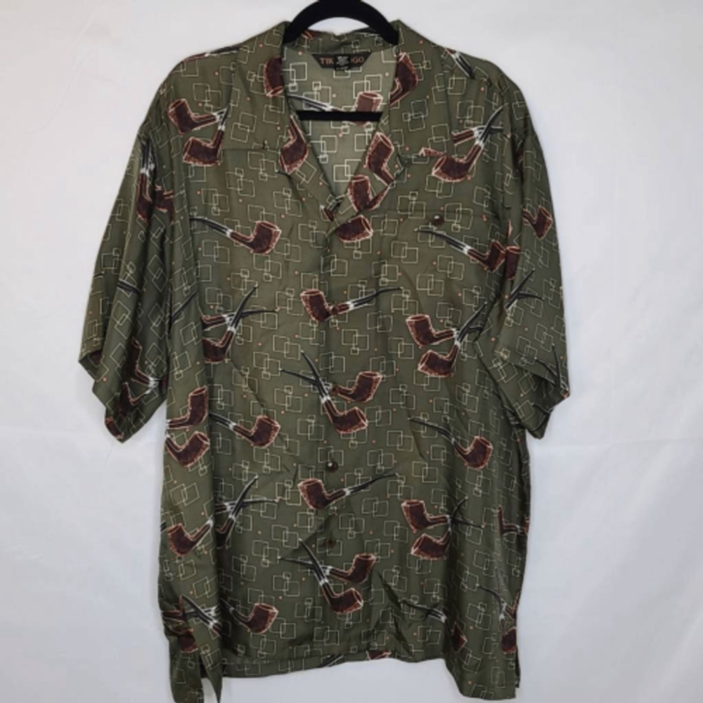 Tikibongo Men's 100% Silk Short Sleeve Collared Smoking Shirt sz XL Green
